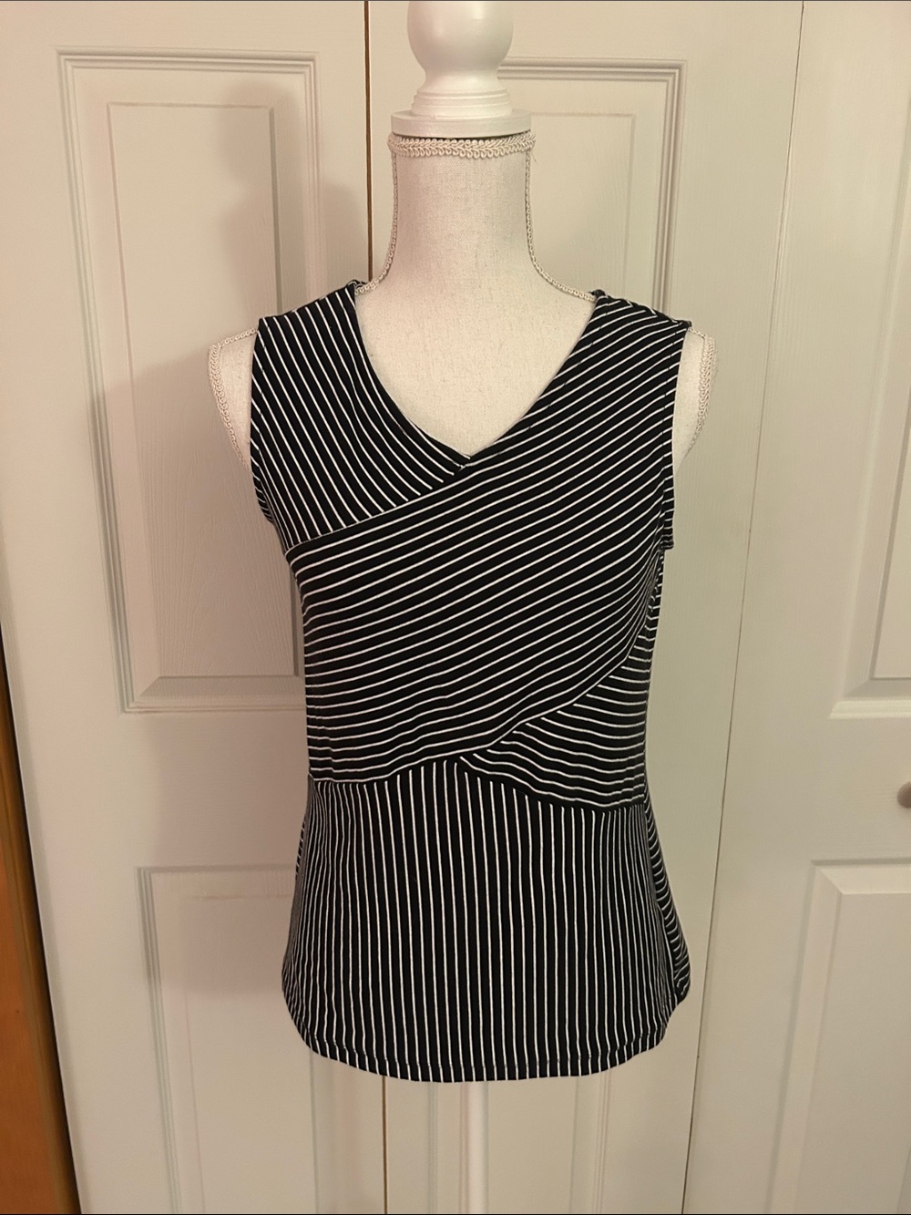 Tahari Black and White Striped Sleeveless Wrap-Style Camisole